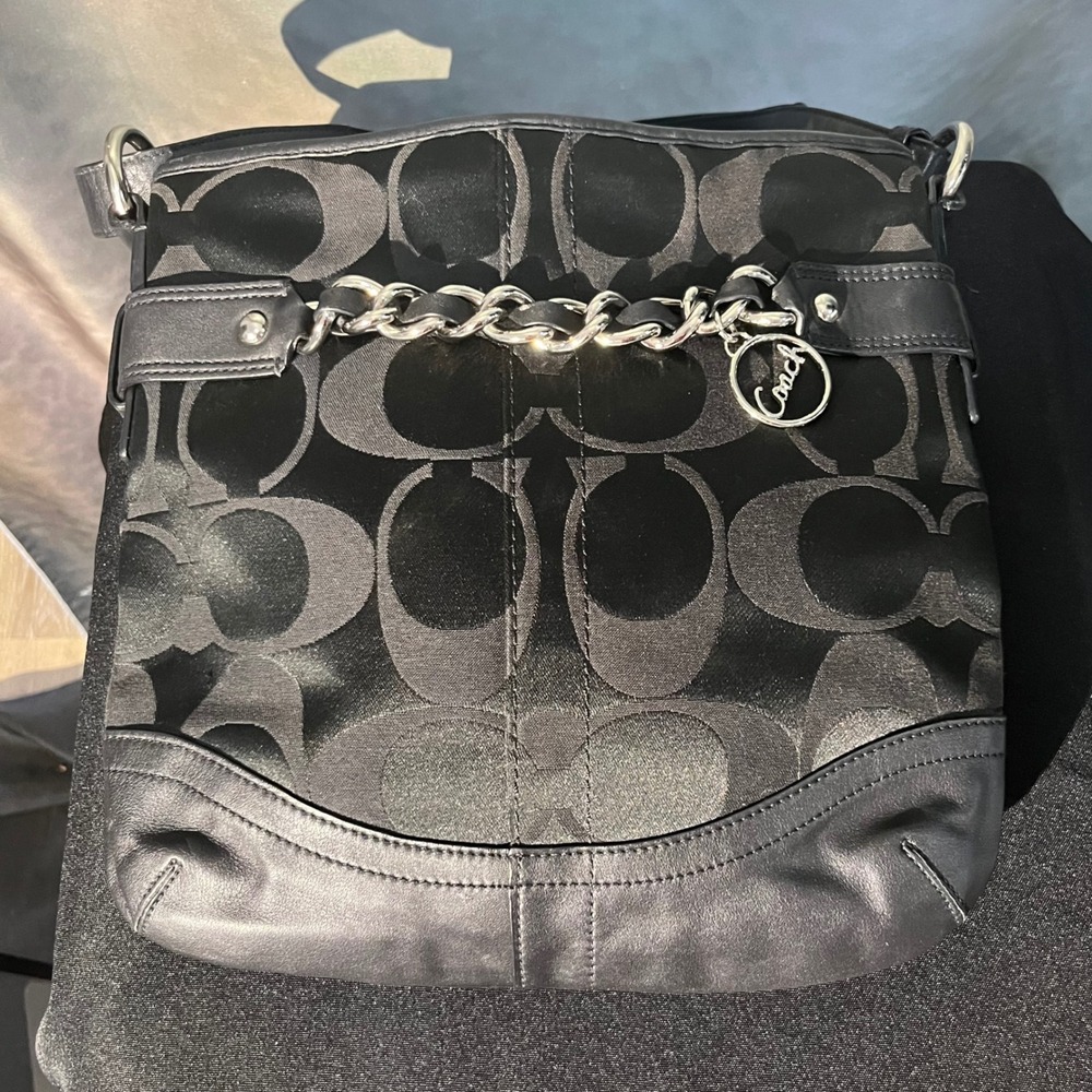 Coach Signature Jacquard Crossbody Bag Black Monogram Leather‎ Chain F19730